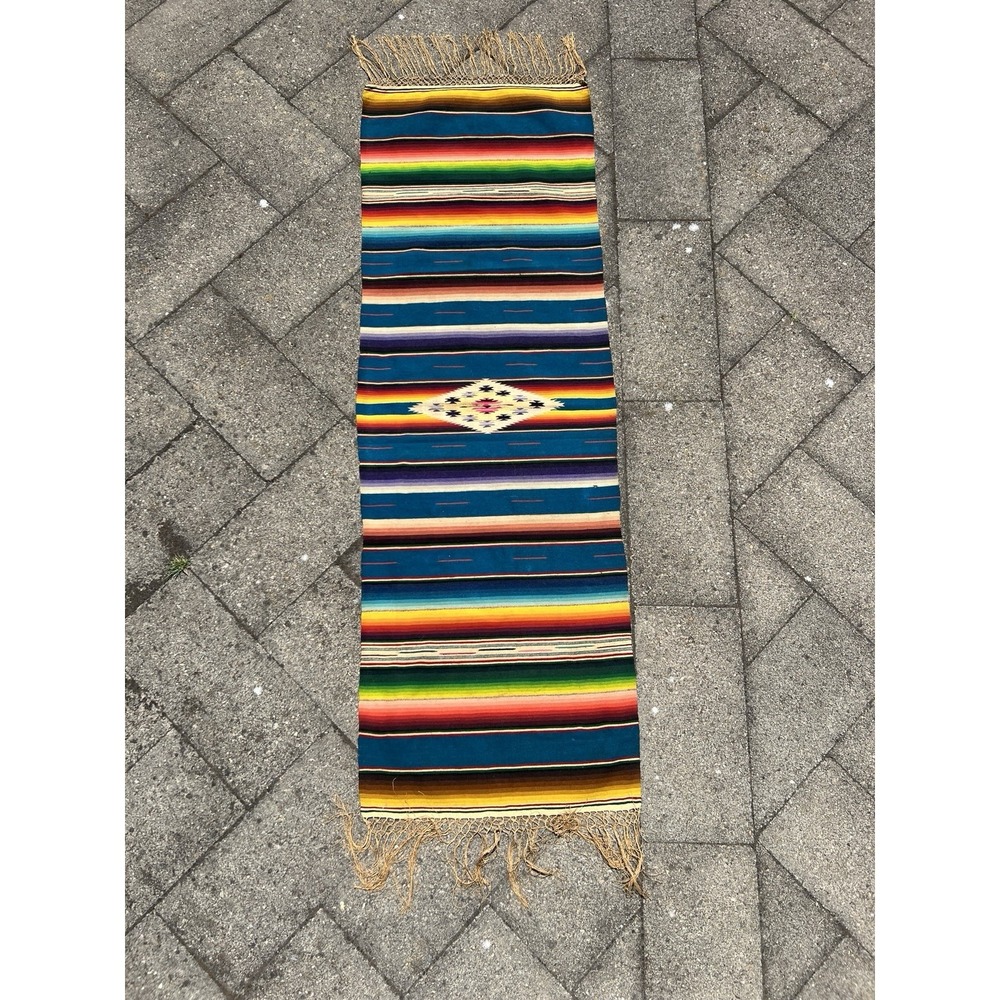 Vintage Wool Mexican Saltillo Serape Blanket Southwestern Western Color Diamond